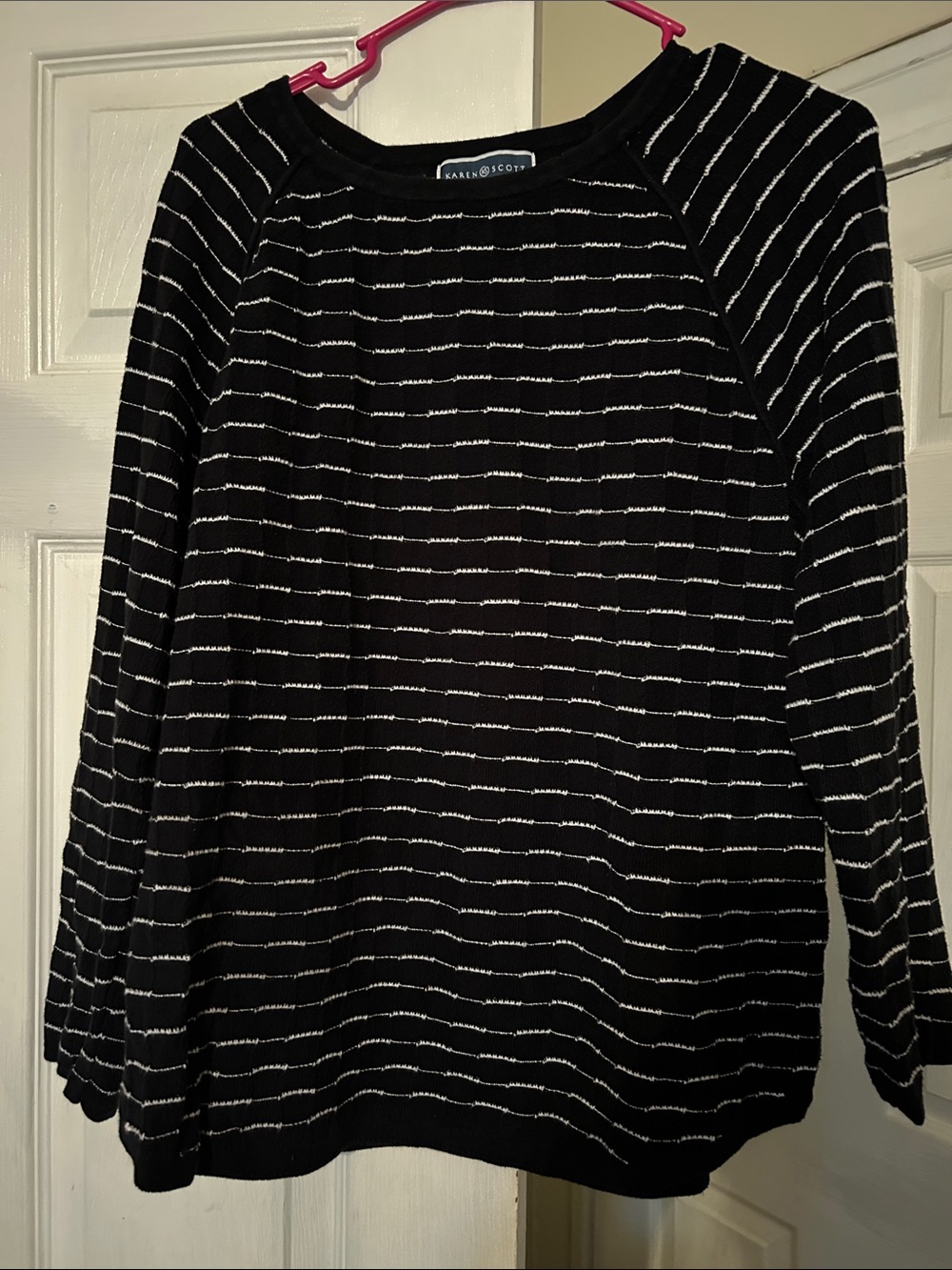 Karen Scott Black and White Striped Crewneck Sweater
